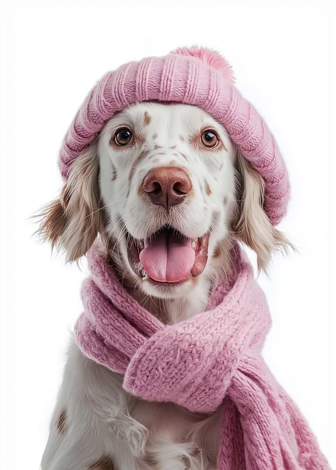 Cozy English Setter Dog Wearing Pink Winter Hat and Scarf