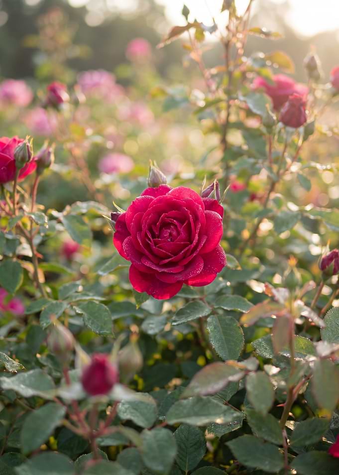 Close-up of a vibrant red rose with dew drops