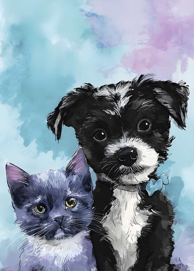 Cute Kitten and Puppy Portrait