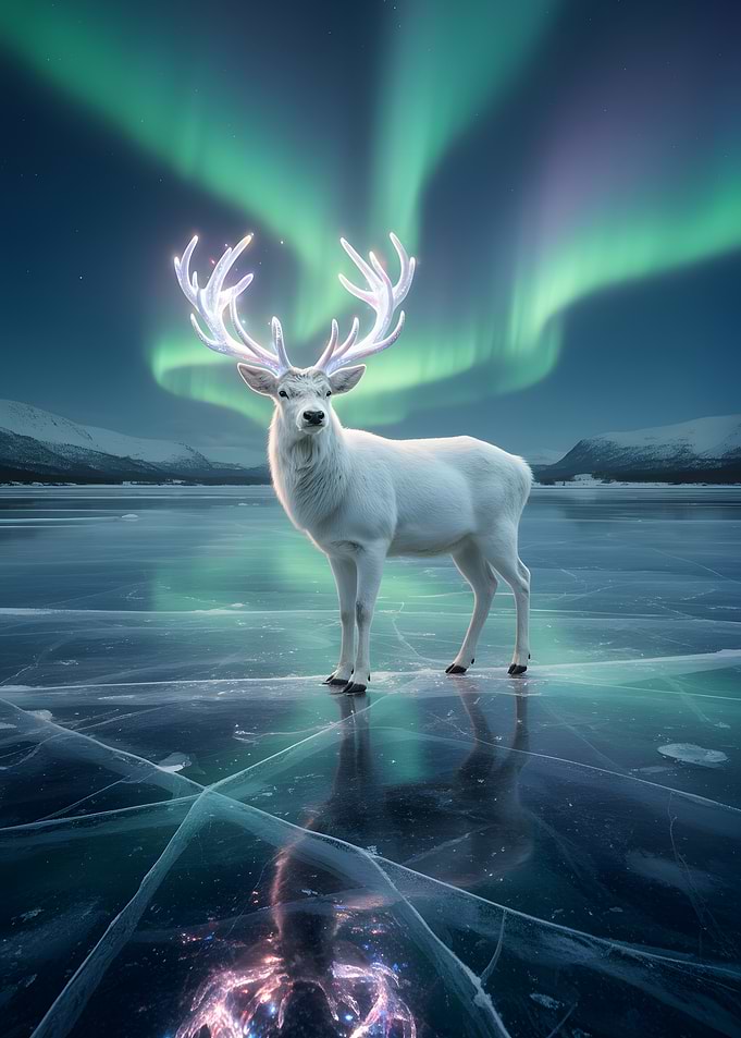 White Stag Under Aurora Borealis