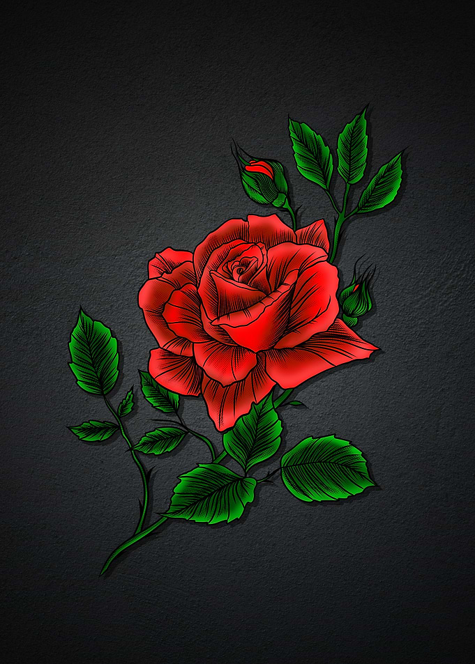 Red Rose with Buds and Leaves
