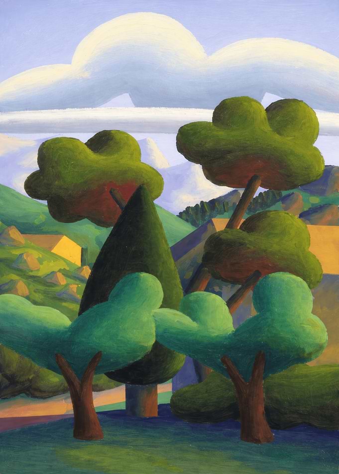 Stylized Landscape with Trees and Clouds