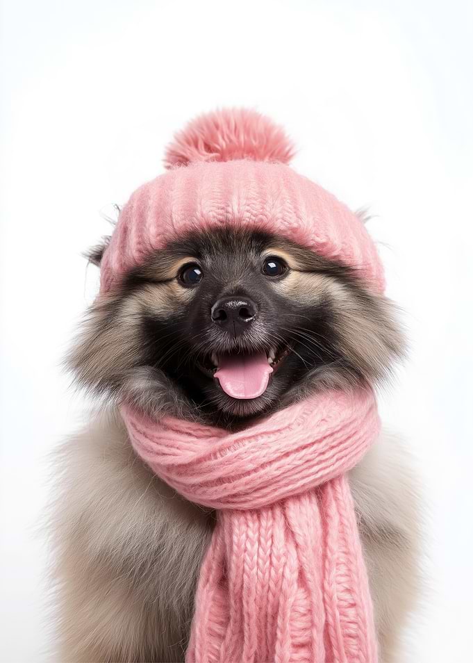 Cozy Keeshond dog Wearing Pink Winter Hat and Scarf