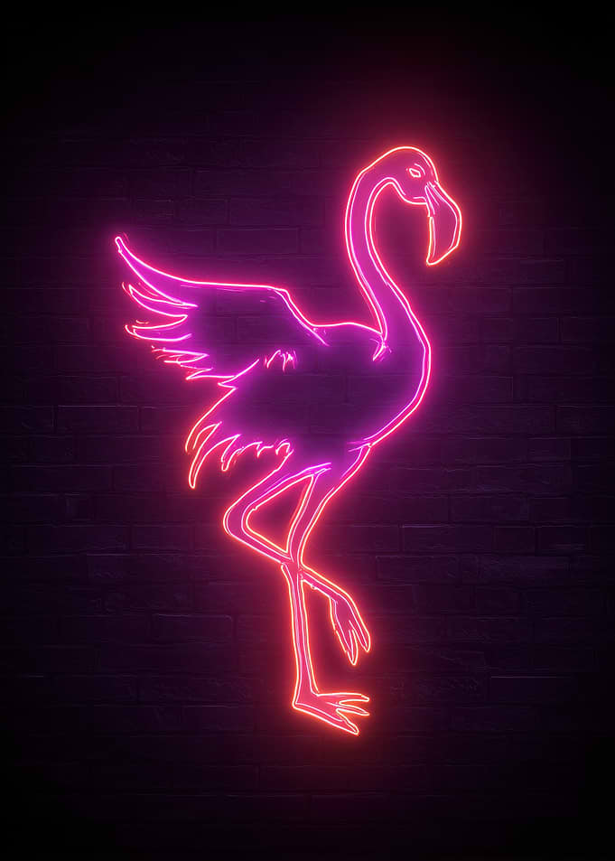Neon Flamingo on Brick Wall