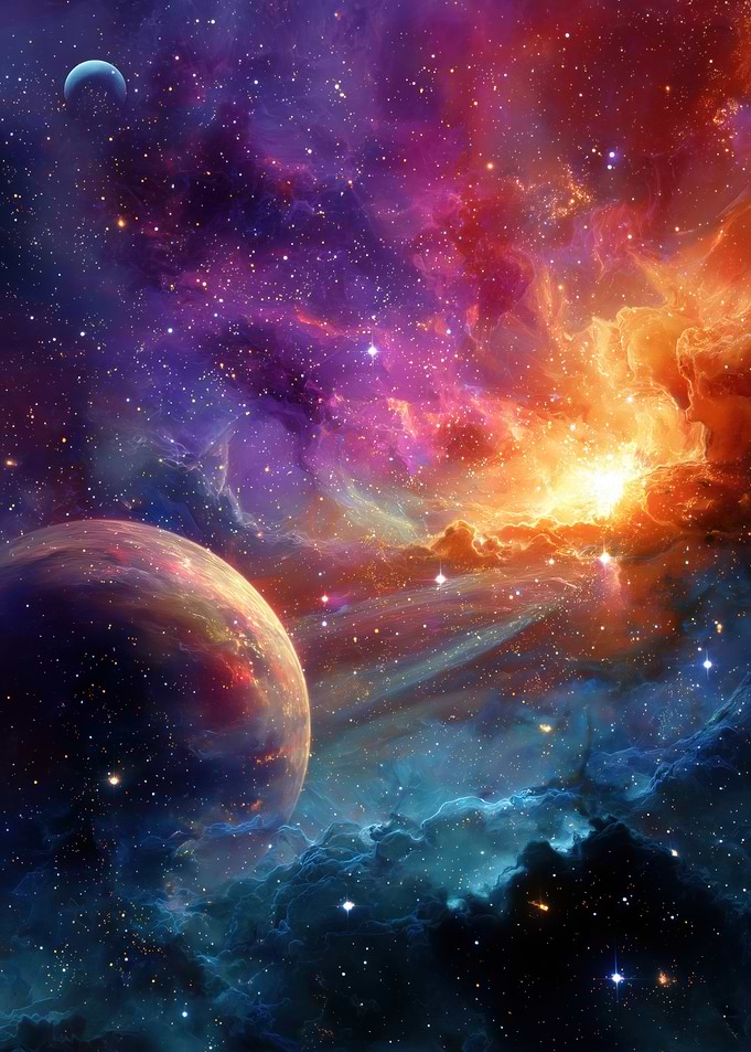 Vibrant Nebula with Planet and Moon