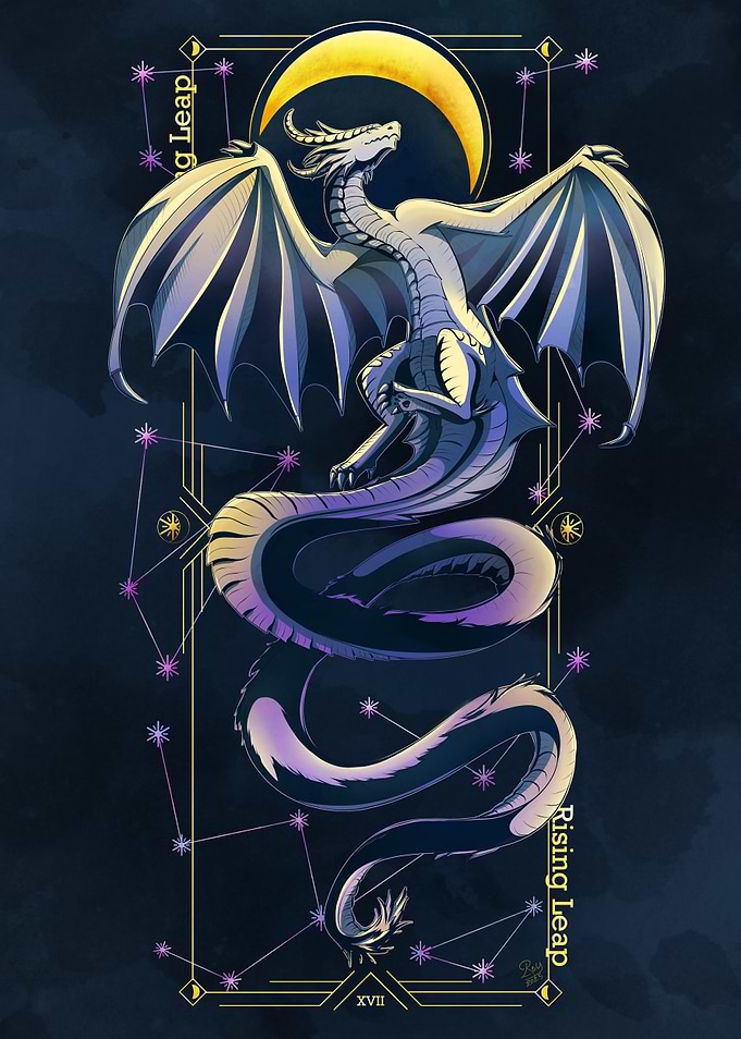Dragon with Crescent Moon and Constellations
