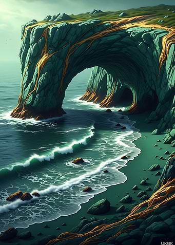 Coastal Archway with Crashing Waves Emerald Sea Arch – Majestic Coastal Cliff Fantasy Art