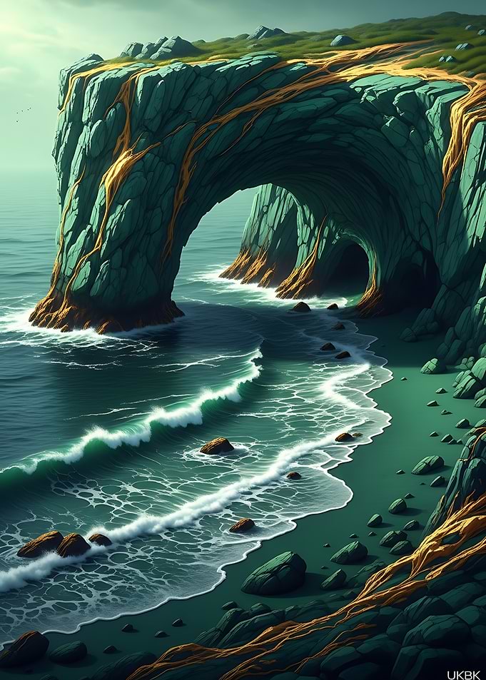 Coastal Archway with Crashing Waves Emerald Sea Arch – Majestic Coastal Cliff Fantasy Art