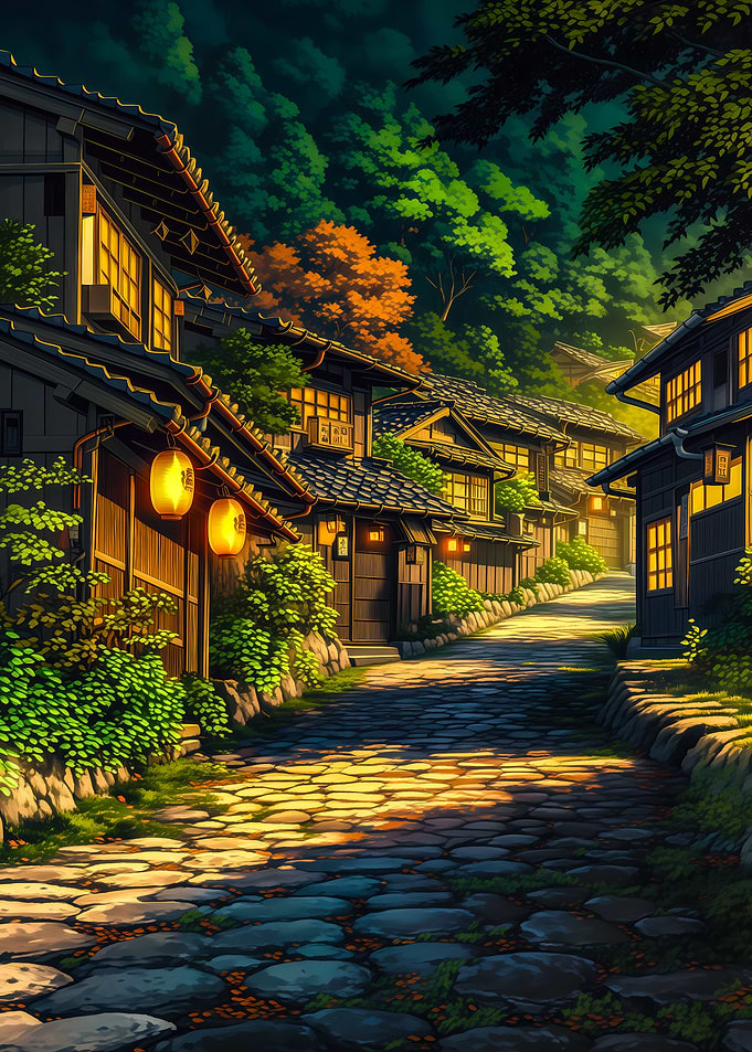 Traditional Japanese Village Street at Dusk