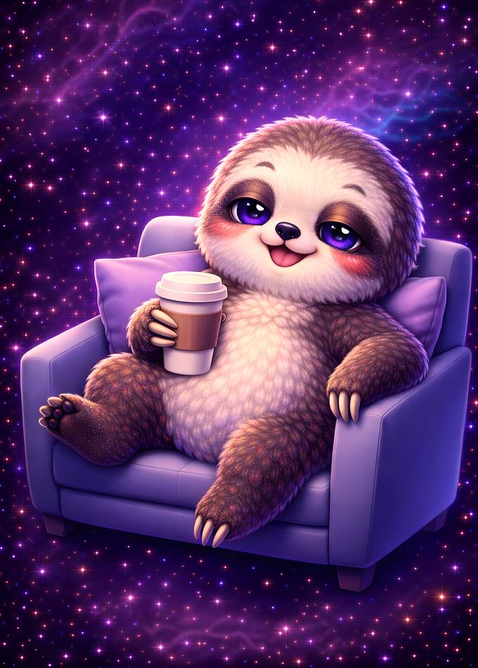 Cute Sloth with Coffee in Space
