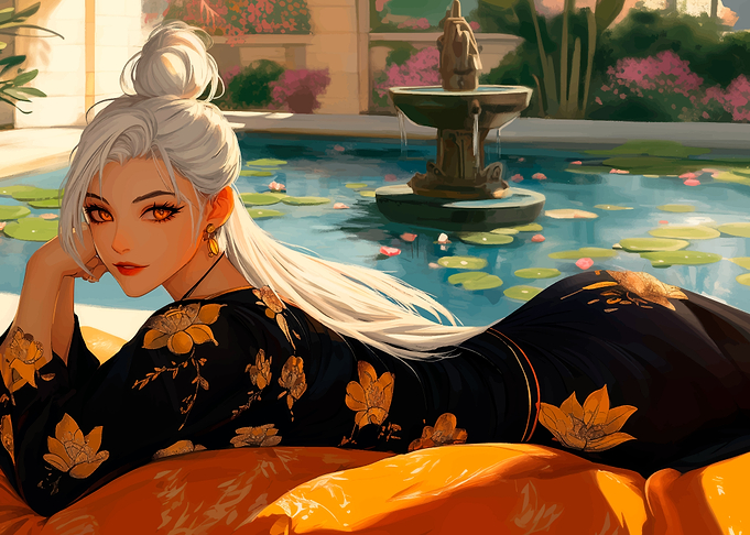Anime woman by a fountain
