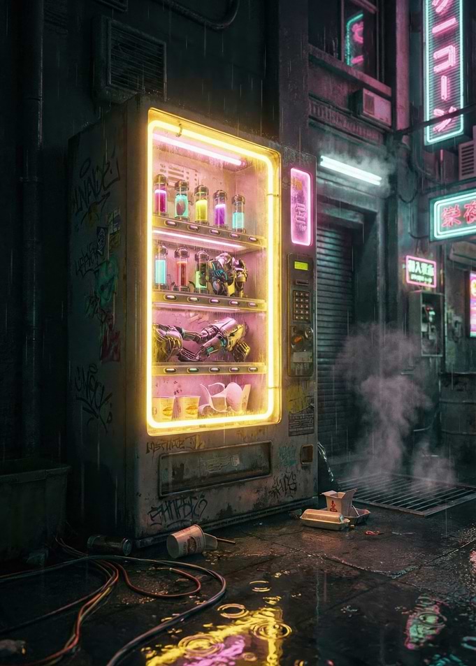 Cyberpunk Vending Machine in Rainy Alley