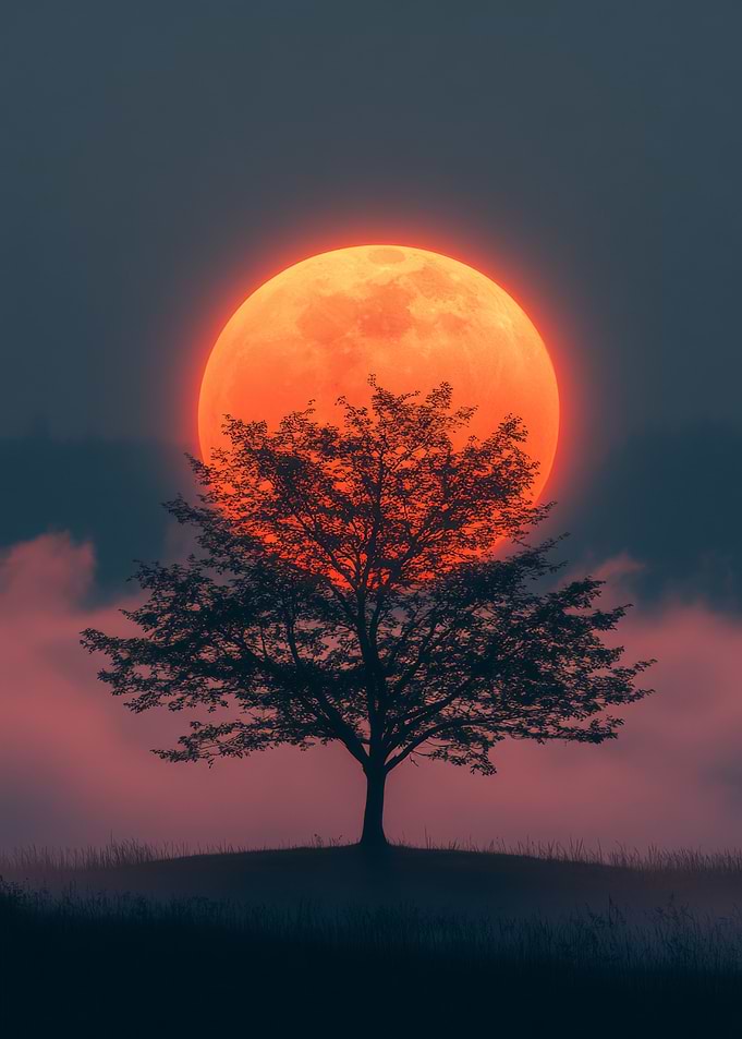 Tree silhouetted against a blood moon
