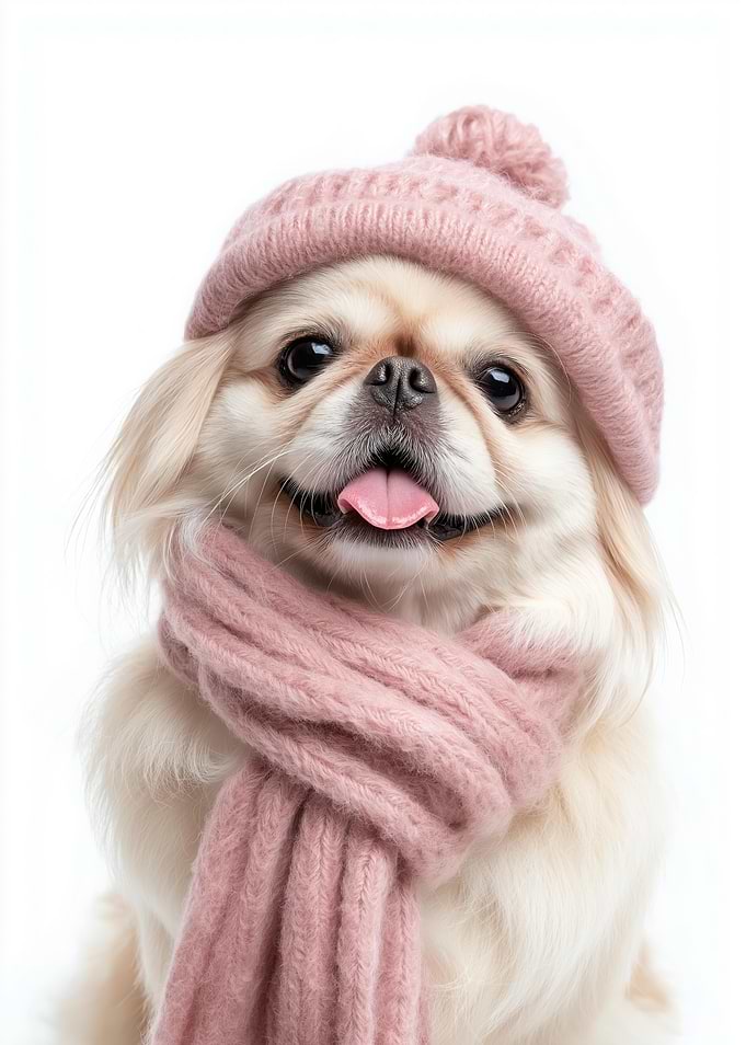 Cozy Pekingese Dog Wearing Winter Hat and Scarf