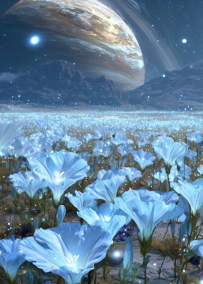Alien Planet with Blue Flowers and Giant Planet