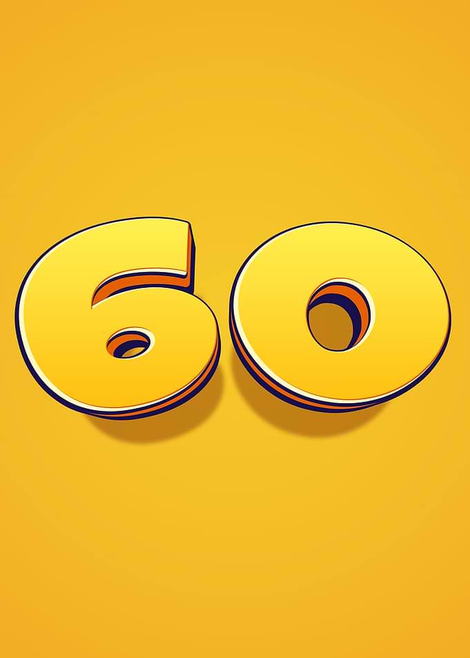 The number 60 in yellow 3D text
