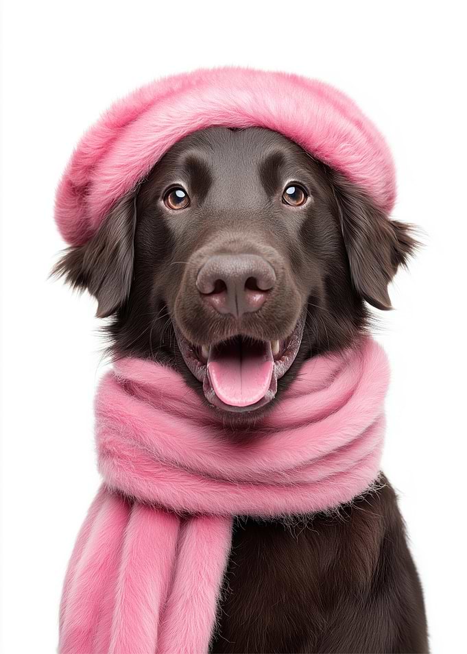 Cozy Flat-Coated Retriever Dog in Pink Beret and Scarf