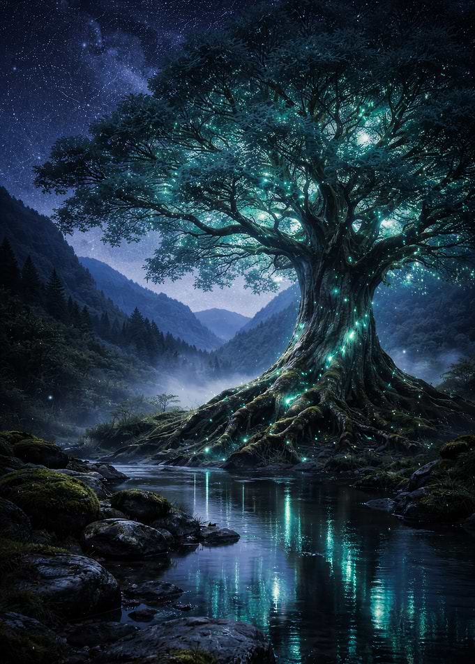Majestic Tree by a River Landscape