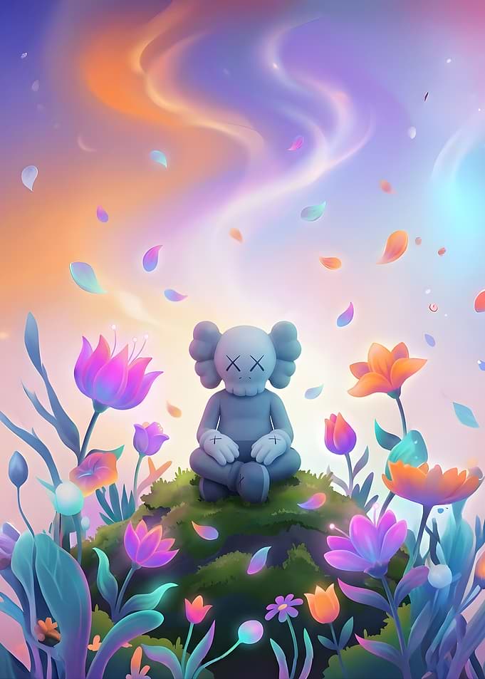 KAWS Companion Meditating in a Floral Dreamscape