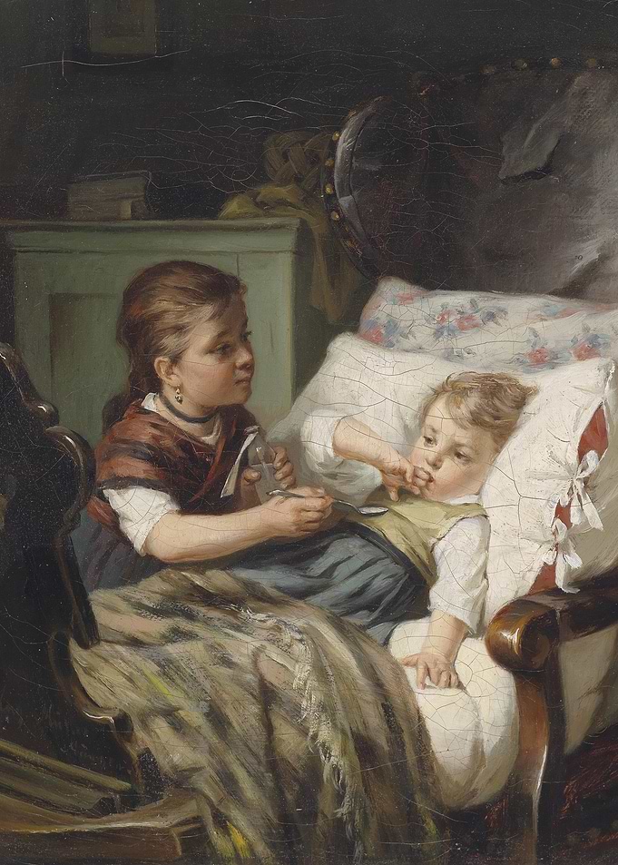 Girl giving medicine to sick boy