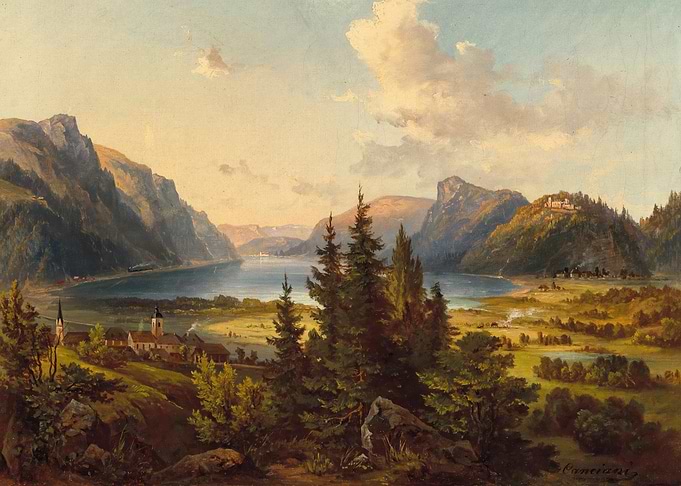 Alpine Lake Village Landscape Painting