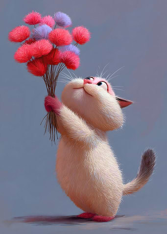 Cute Cat Holding Pink and Purple Pom-Poms