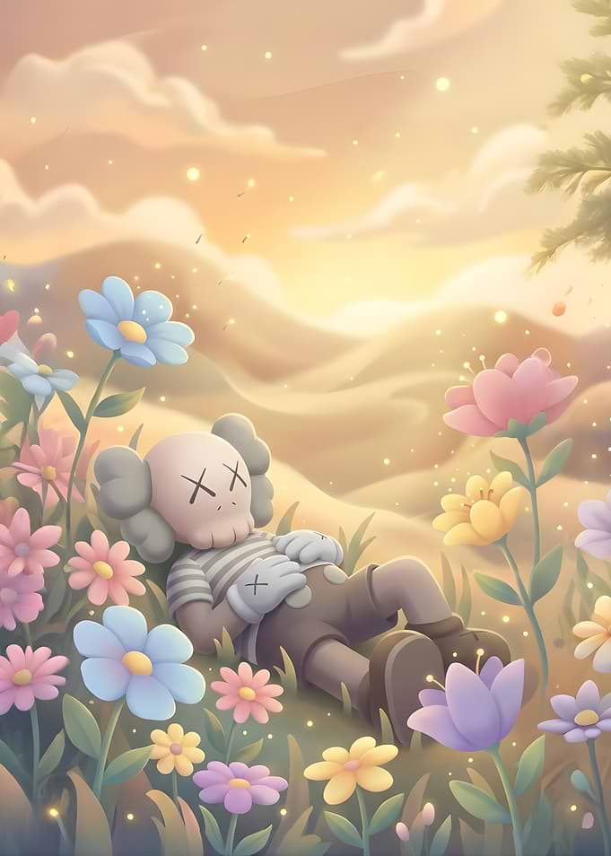 KAWS Companion Resting in a Field of Flowers