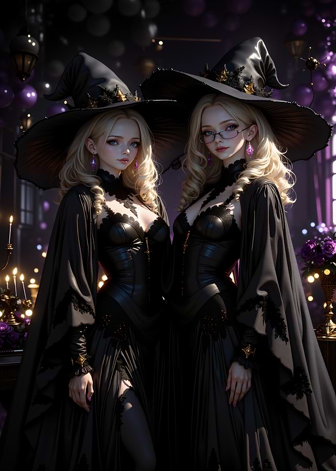 Two Witches in Black Dresses