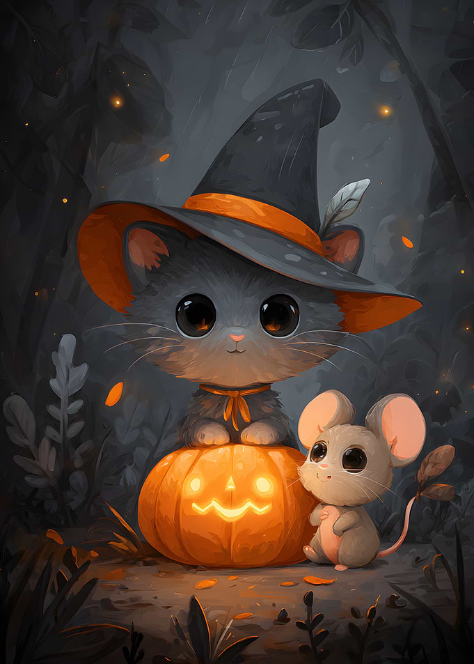 Cute Halloween Cat and Mouse