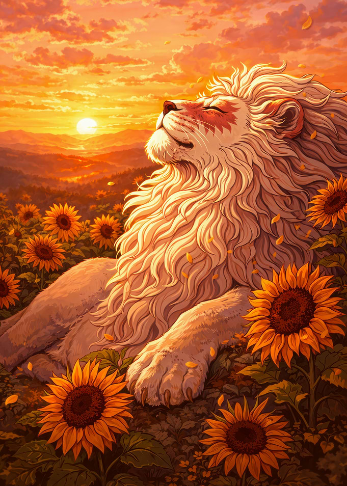 Lion in a Sunflower Field at Sunset