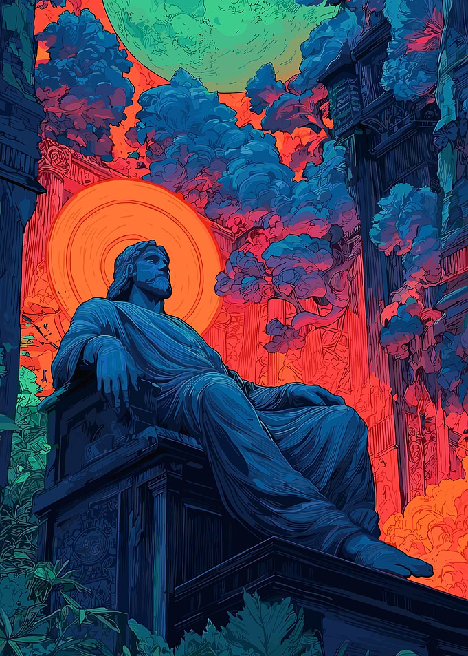 Jesus Statue with Fiery Sky