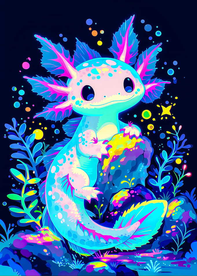 Cute Neon Axolotl Underwater