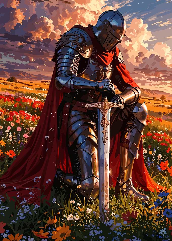 Knight Kneeling in a Field of Flowers
