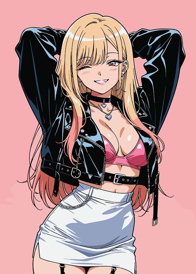 Marin anime Girl in Leather Jacket and Skirt