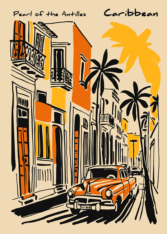 Retro Caribbean Street Scene with Vintage Car
