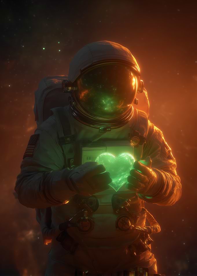 Astronaut Holding a Glowing Green Heart