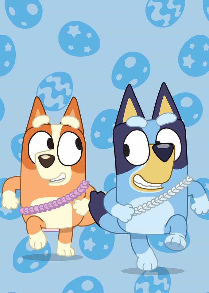 Bluey and Bingo with leis