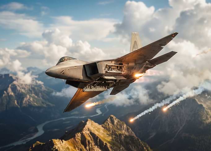 Fighter Jet Ejects Flares Over Mountains