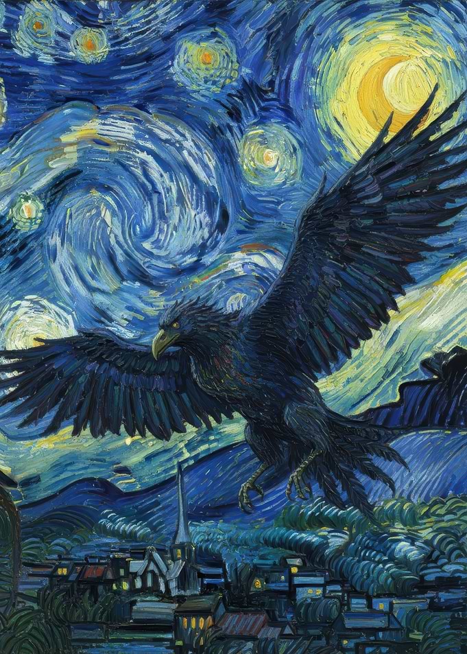 Eagle Over Starry Night Village