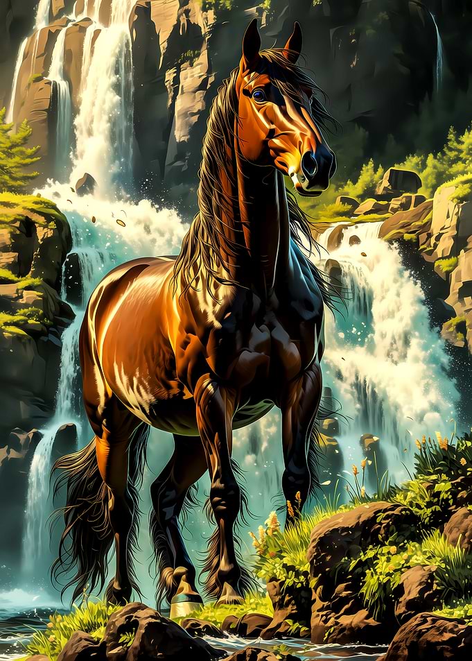 Majestic Horse by Waterfall
