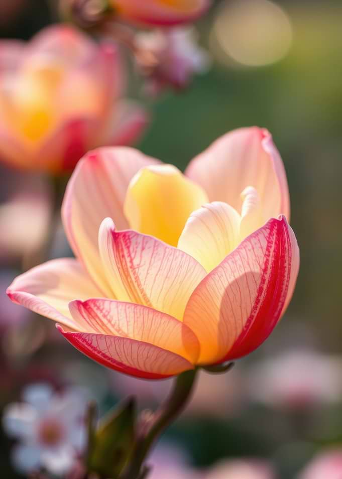 Close-up of a blooming pink and yellow tulip