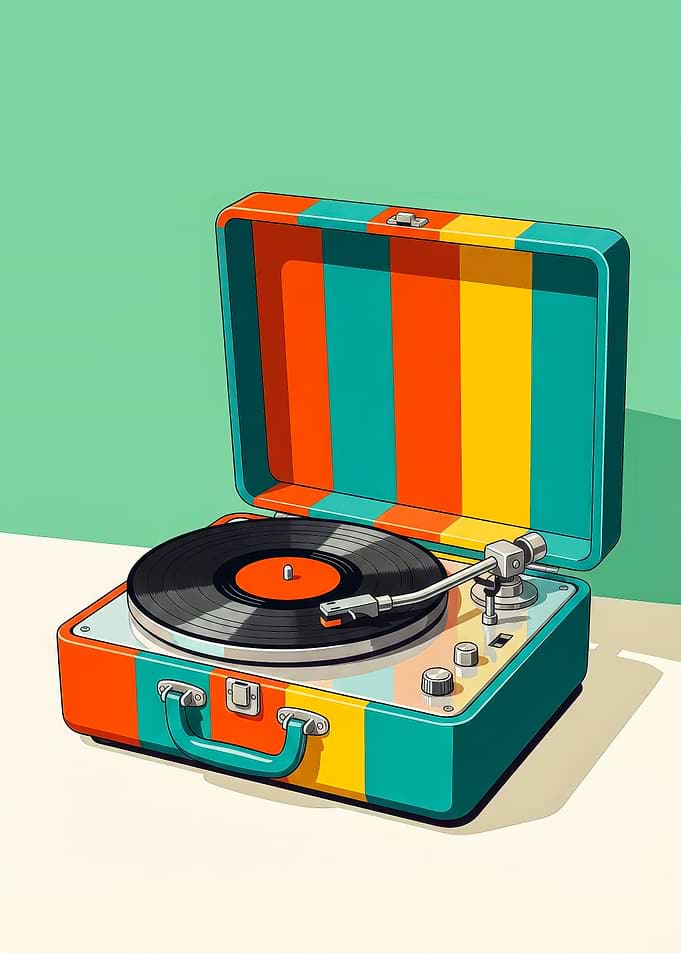 Portable Record Player Art - Retro 70s Turntable Poster - Vintage Vinyl Music Lover Wall Decor