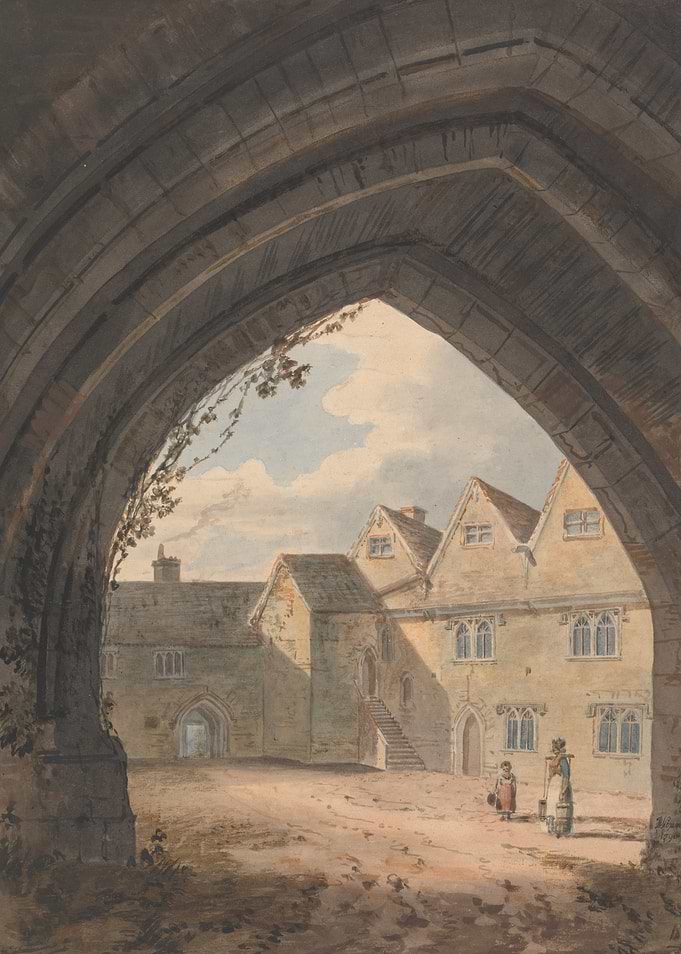 Courtyard of an old building with figures
