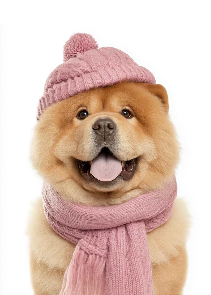 Cozy Chow Chow Dog Wearing Pink Winter Hat and Scarf