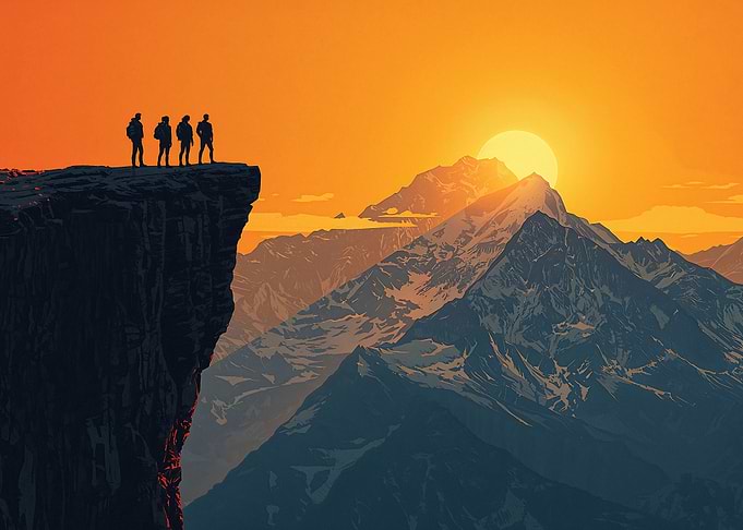 Hikers on a cliff at sunset
