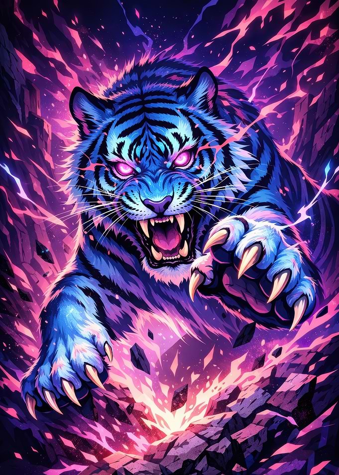 Aggressive Blue Tiger with Glowing Eyes