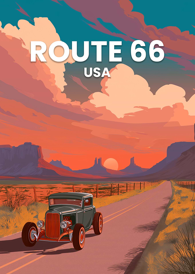 Route 66 Vintage Car Sunset Landscape