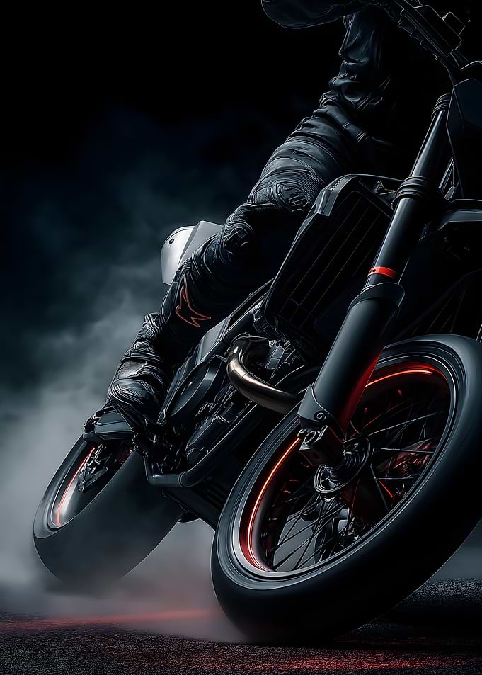 Motorcyclist in action with glowing wheels