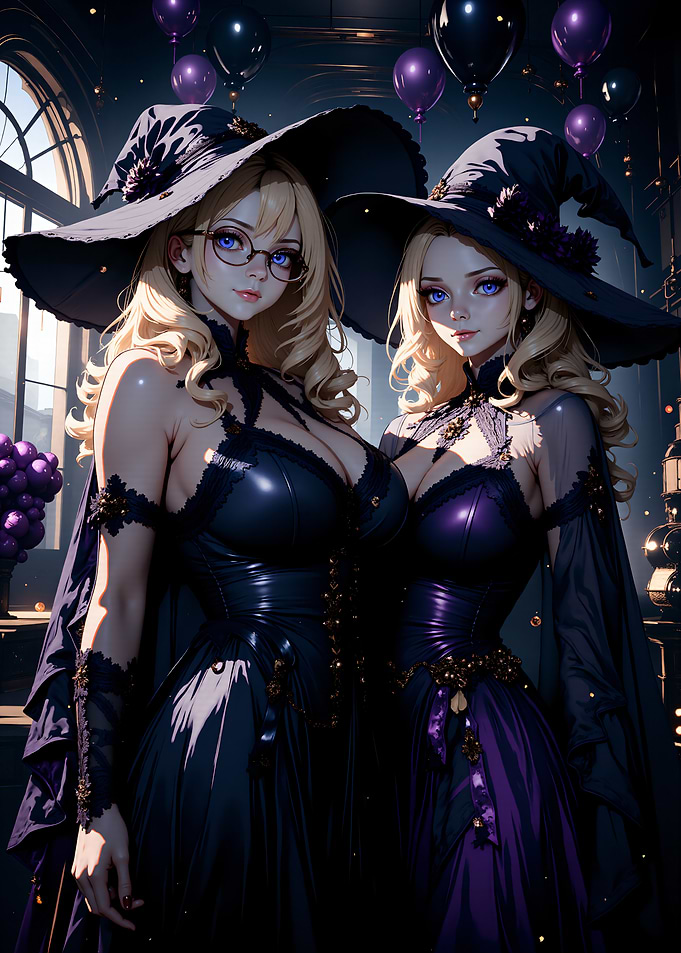 Two Anime Witches in Gothic Dresses