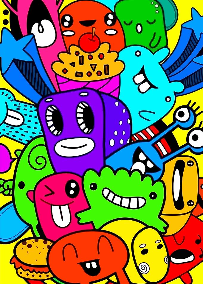 Vibrant Doodle Monsters and Food